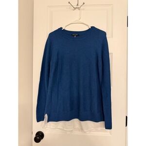 Hilary Radley Blue Knit Pullover Sweater Layered White Crew Neck Long Sleeve L/G